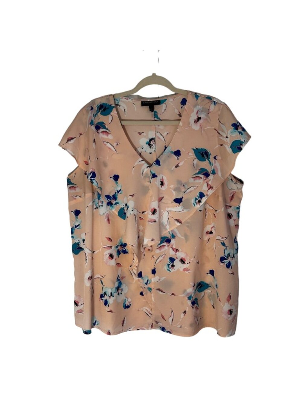 Lane Bryant Women's BOHO Pink Floral Blouse SZ 18 Short Sleeve Flounce V-Neck - Picture 2 of 10